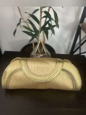 VERSACE Vintage Gold Metallic Snake-Trim Leather Clutch